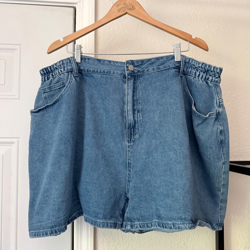 SHINY BY NATURE blue denim cotton pull on high rise jean shorts